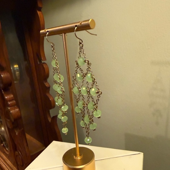 Vintage Y2K Lee Angel Silver Green Beaded Chandelier 3” Drop Earrings - Picture 6 of 8